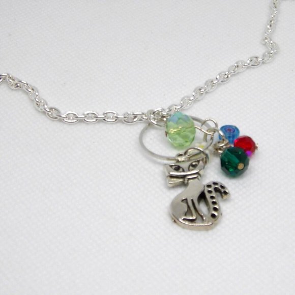 Handcrafted Silver Color Chain Cat Necklace AB Glass & Millefiori Glass Beads - Picture 4 of 11